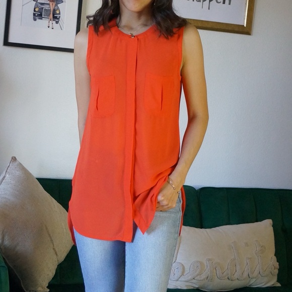 Tops - Orange Button Down Tunic Sleeveless Slightly Sheer Top Size S/M